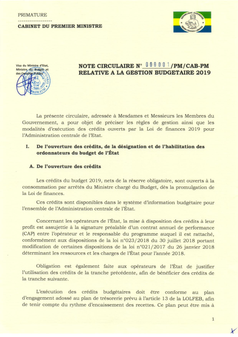 Note circulaire n° 000001/pm/cab-pm relative a la gestion budgetaire 2019