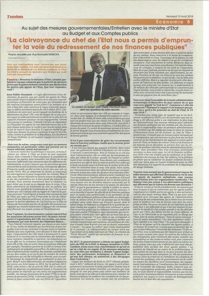 INTERVIEW DE MONSIEUR LE MINISTRE D&rsquo;ÉTAT JEAN-FIDÈLE OTANDAULT DANS L&rsquo;UNION DU 10 AOUT 2018