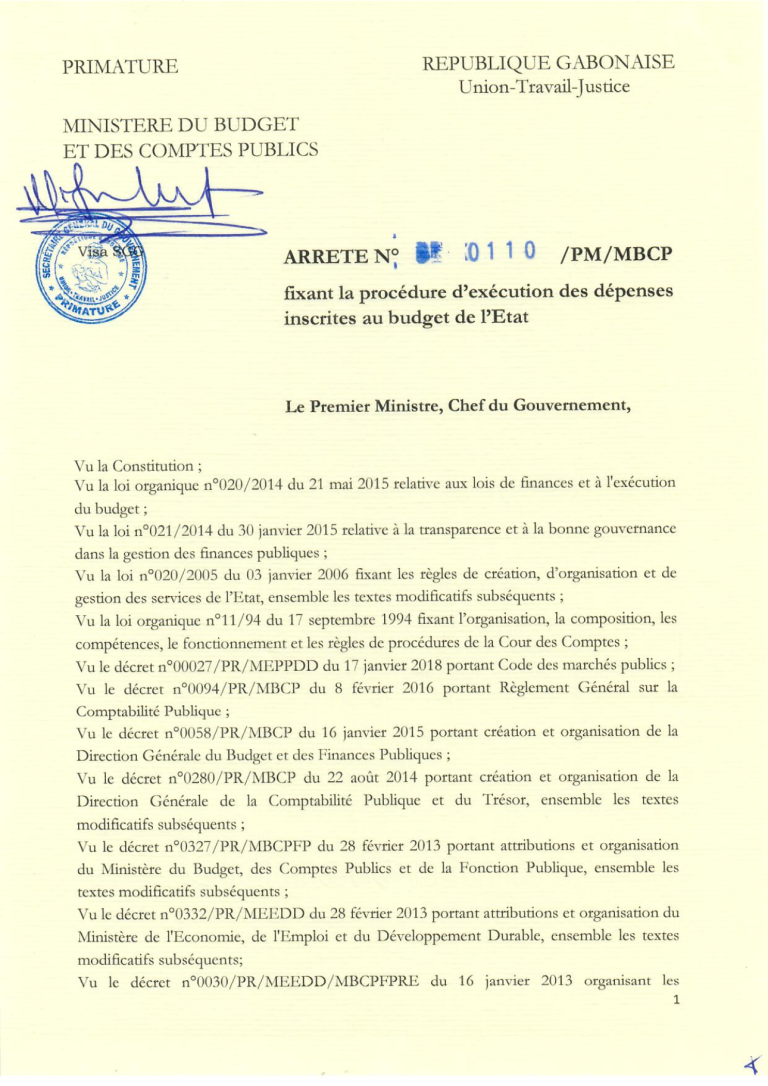 ARRETE N°0110/PM/MBCP fixant la procédure d&rsquo;exécution des dépenses inscrites au budget de l&rsquo;Etat