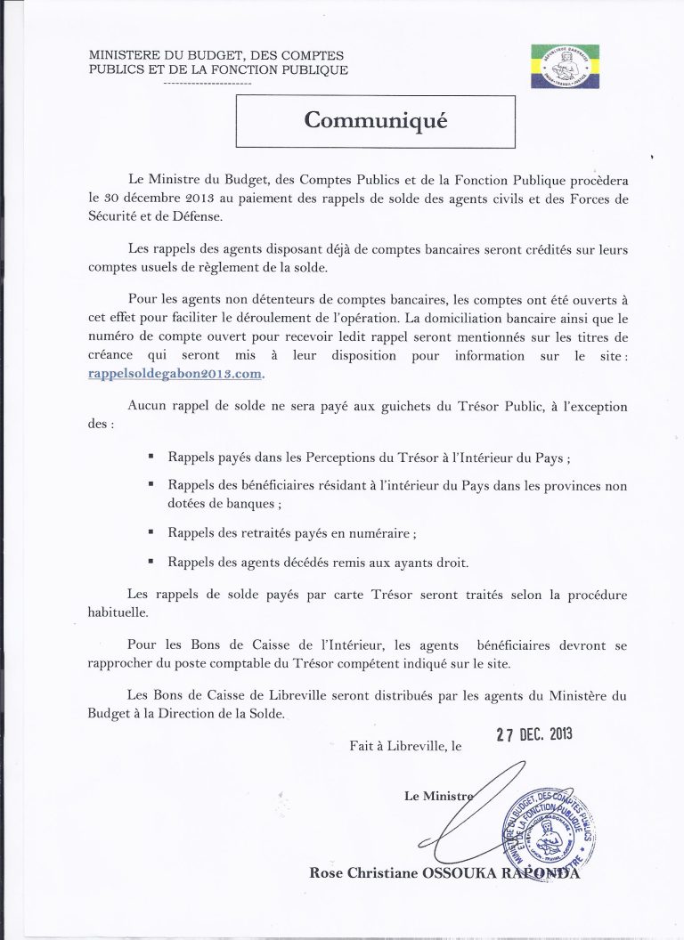 Annonce Paiement des Rappels par Madame le Ministre du Budget, des Comptes Publics et de la Fonction Publique Mme Rose Christiane OSSOUKA RAPONDA