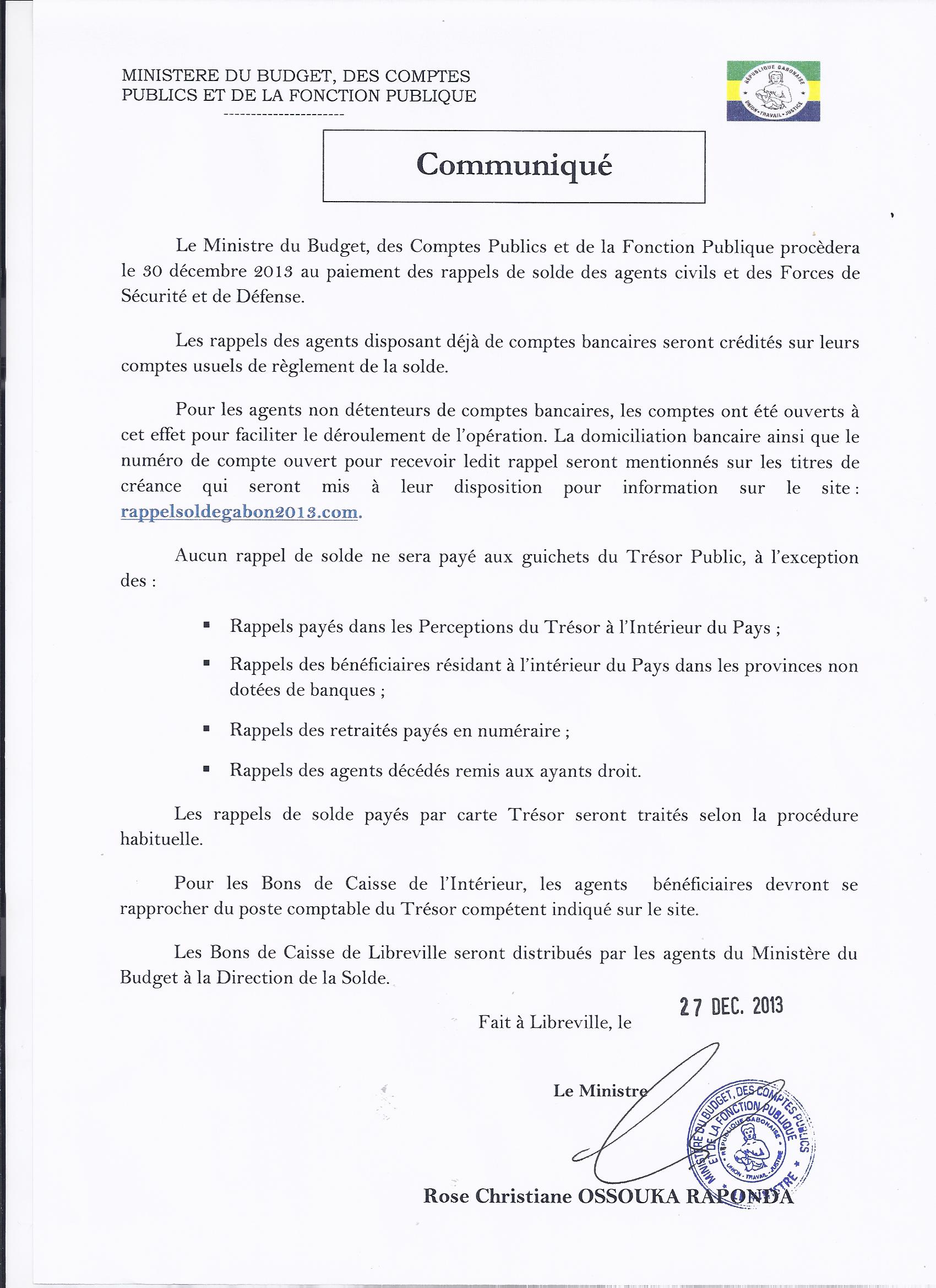 Annonce Paiement des Rappels par Madame le Ministre du Budget, des Comptes Publics et de la Fonction Publique Mme Rose Christiane OSSOUKA RAPONDA