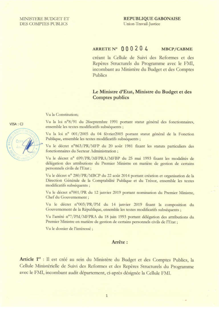 ARRETE N° 000204 MBCP/CABME créant la Cellule de Suivi des Réformes et des Repères Structurels du Programme avec le FMI, incombant au Ministère du Budget et des Comptes Publics