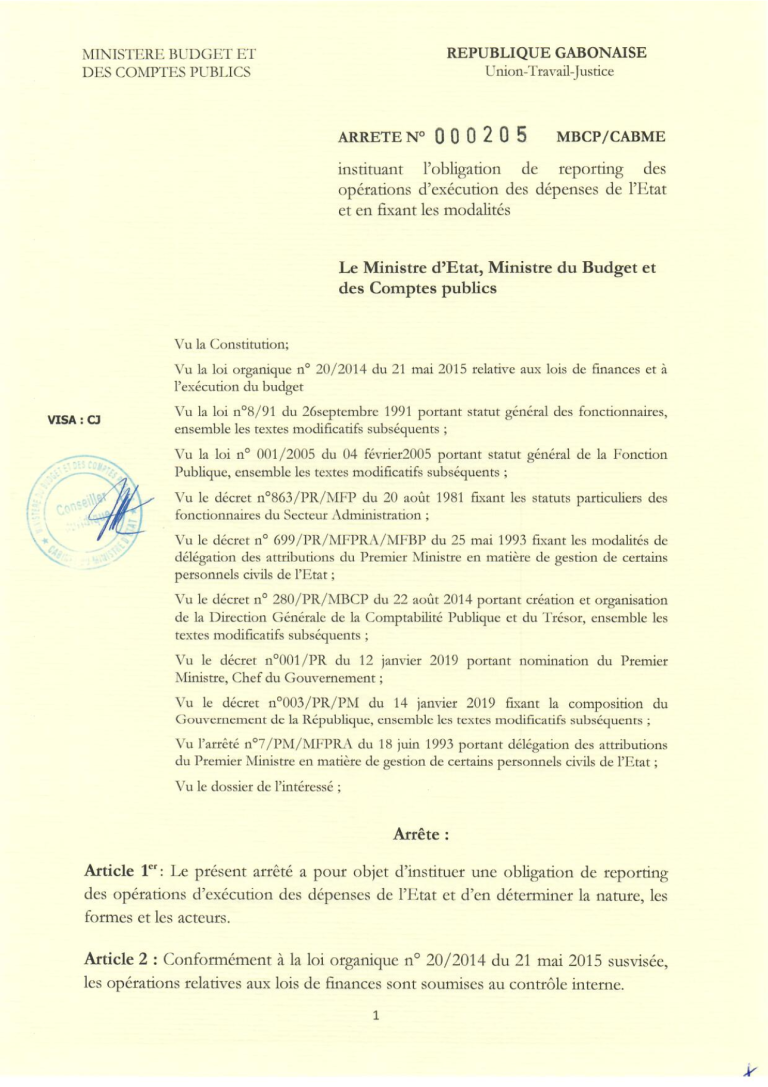 ARRETE N° 000205 MBCP/CABME instituant l&rsquo;obligation de reporting des opérations d&rsquo;exécution des dépenses de l&rsquo;Etat et en fixant les modalités